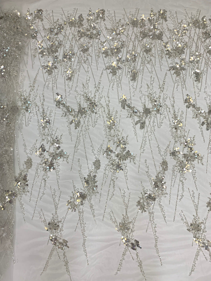 3/7 mm Crystal-Look Sequin & Silver-Bead Embroidered Bridal Fabric – Design 92191