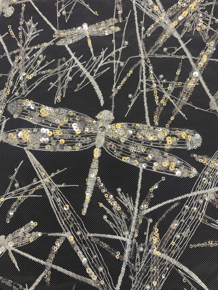 Dragonfly Raised-Bead and 3/5 mm Crystal Sequin Fabric — fabric photo 2