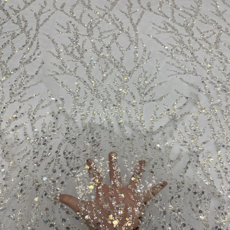 3/7 mm Sequin & Silver-Bead Embroidered Bridal Fabric – Design 46655 — fabric photo 4