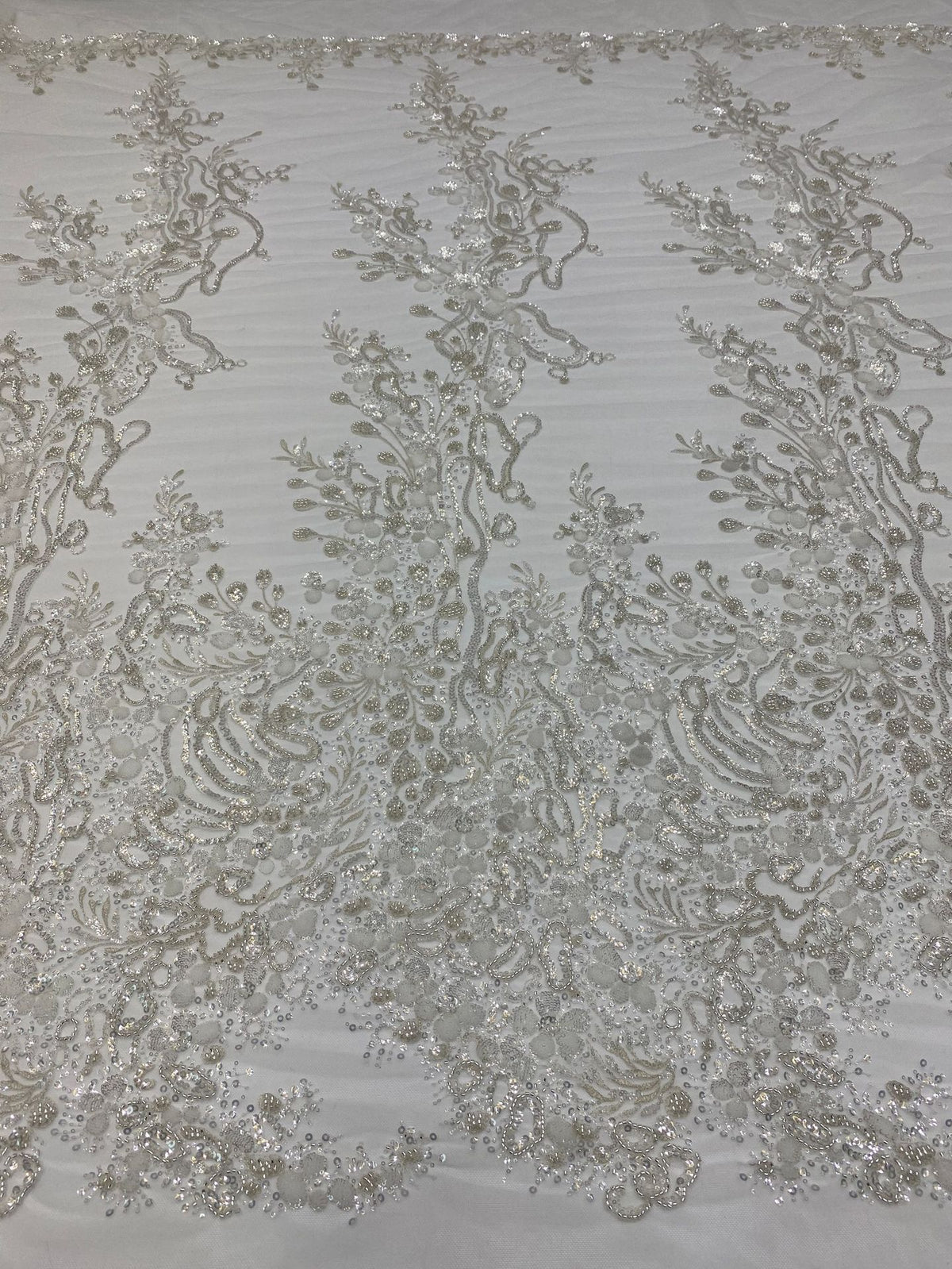 Silver Metallic Thread Beaded & Crystal Sequin Fabric — fabric photo 2