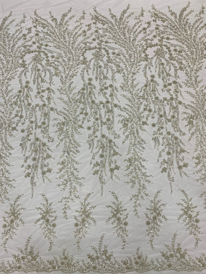 3D 2/4 mm Crystal-Look Sequin & Silver-Bead Embroidered Bridal Fabric — fabric photo 2