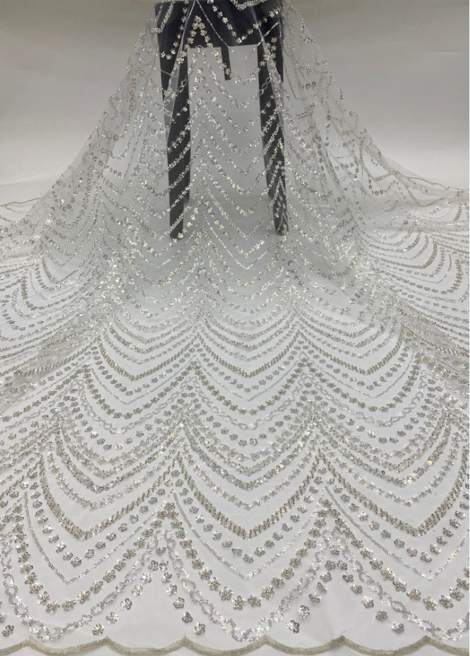 Wave 3/5 mm Crystal-Look Sequin & Silver-Bead Embroidered Bridal Fabric – Design 38527