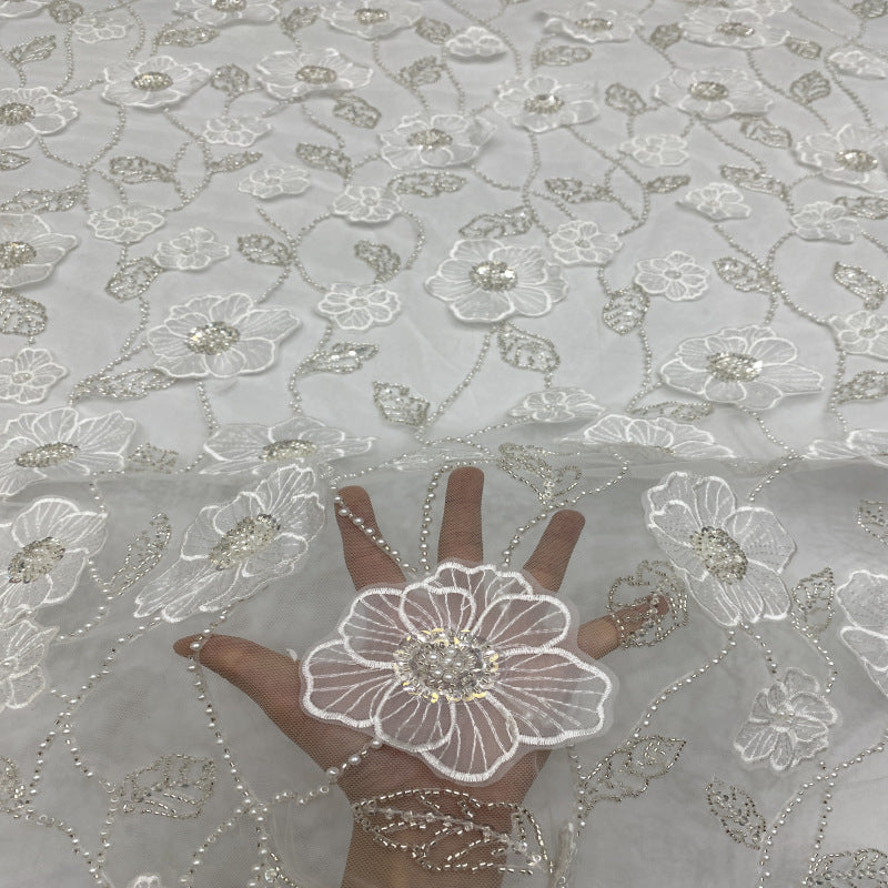 Laser Floral Applique Bead and Sequin Embroidered Fabric — fabric photo 3