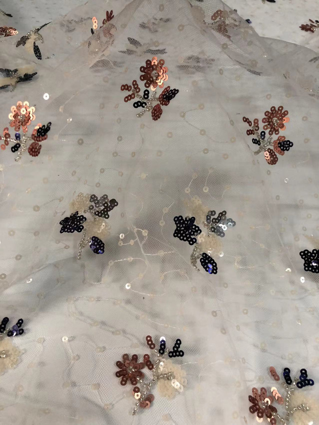 Fine Mesh Embroidery with Silver Beads and 4 mm Sequins — fabric photo 3