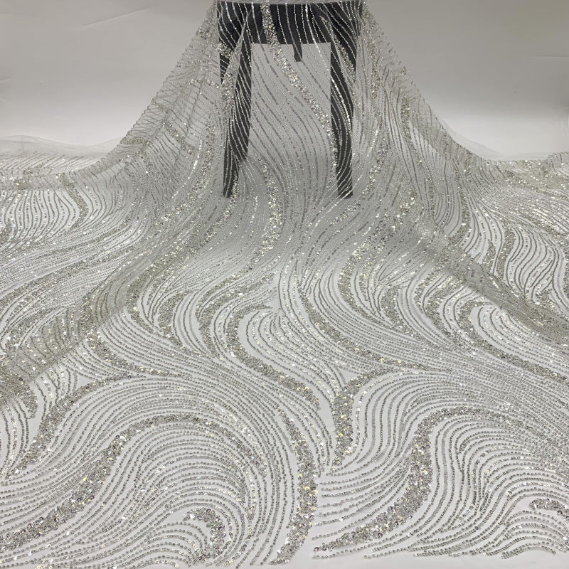 Wave 3/5 mm Crystal-Look Sequin & Silver-Bead Embroidered Bridal Fabric – Design 69183