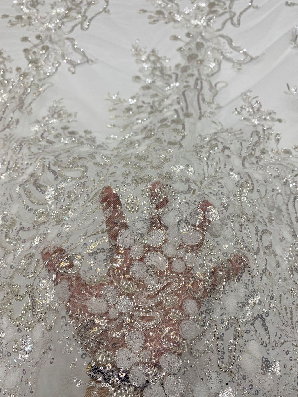 Silver Metallic Thread Beaded & Crystal Sequin Fabric — fabric photo 5