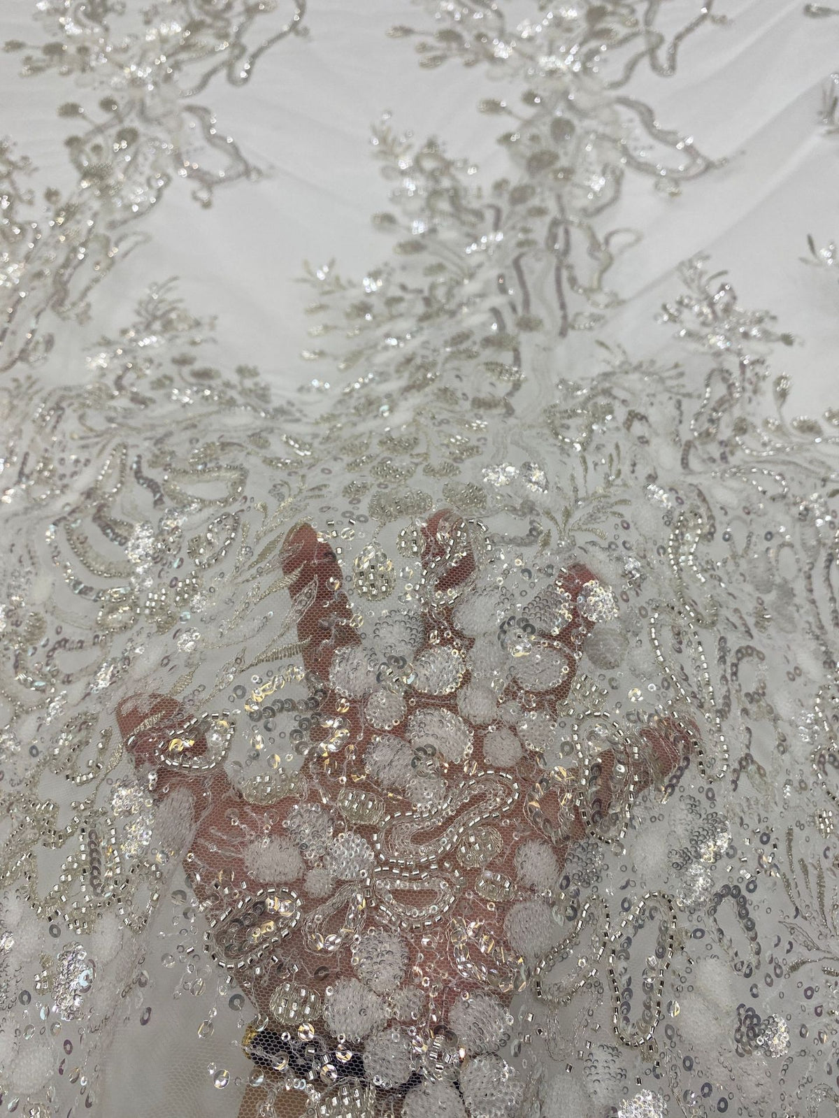 Silver Metallic Thread Beaded & Crystal Sequin Fabric — fabric photo 5