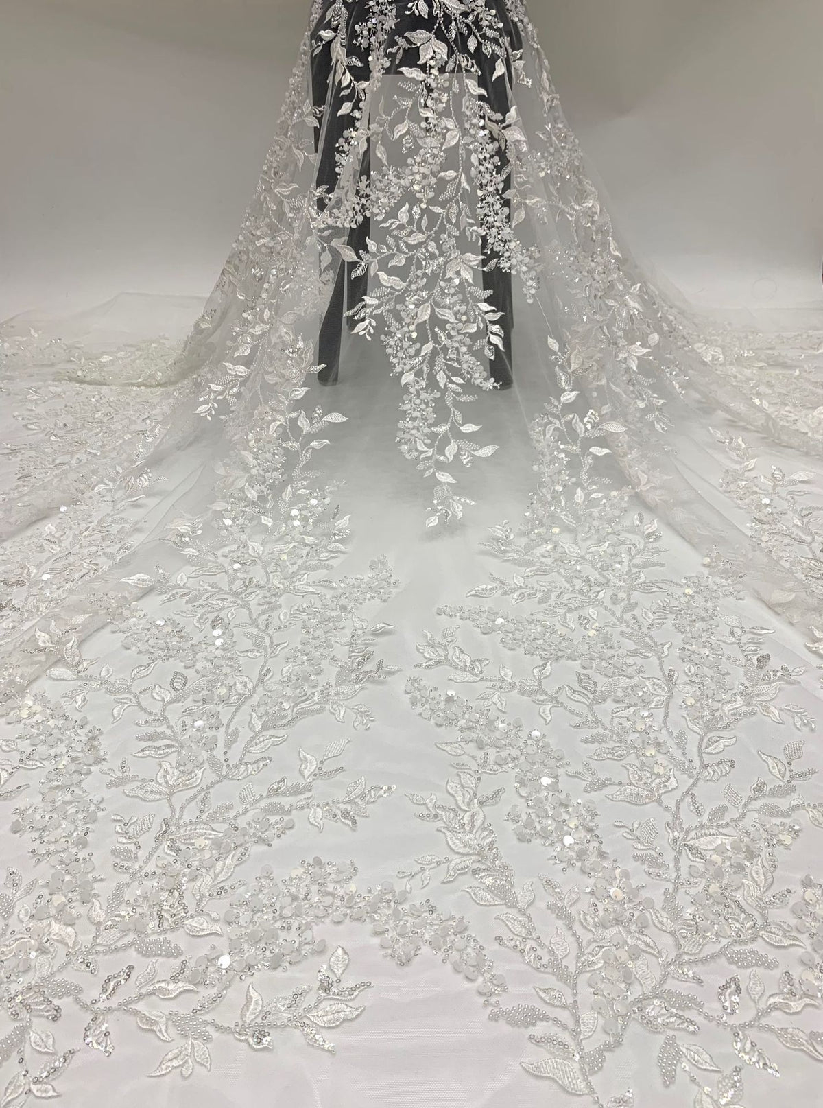 3D 3/7 mm Sequin & White-Core Bead Embroidered Bridal Fabric – Design 50591 — fabric photo 3