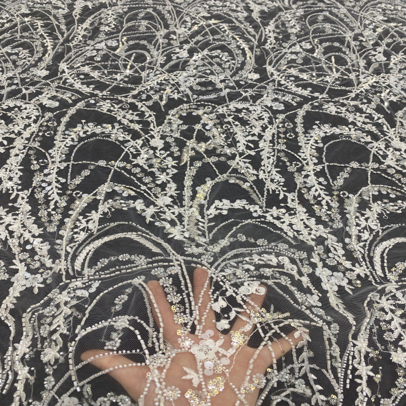 Sequin & Bugle-Bead Embroidered Bridal Fabric – Design 98079 — fabric photo 2