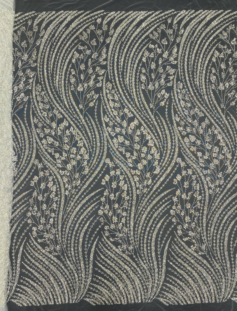 Wavy Bugle Bead & 3/4mm Sequin Embroidery Fabric