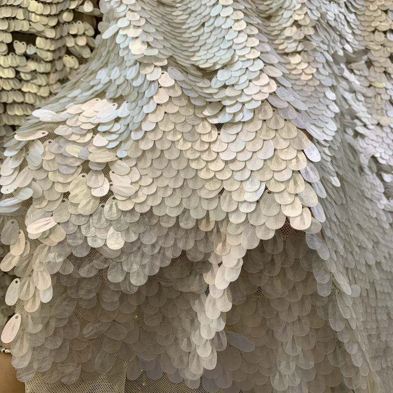 White Shell Sequin Embroidered Stretch Mesh — fabric photo 5