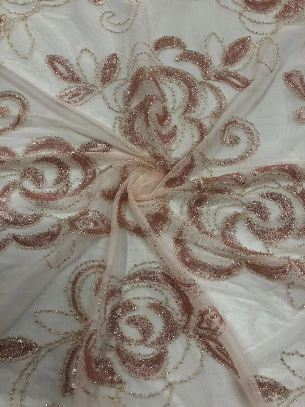 Blush Pink 3D Floral Bead & 3/5 mm Sequin Fabric — fabric photo 6