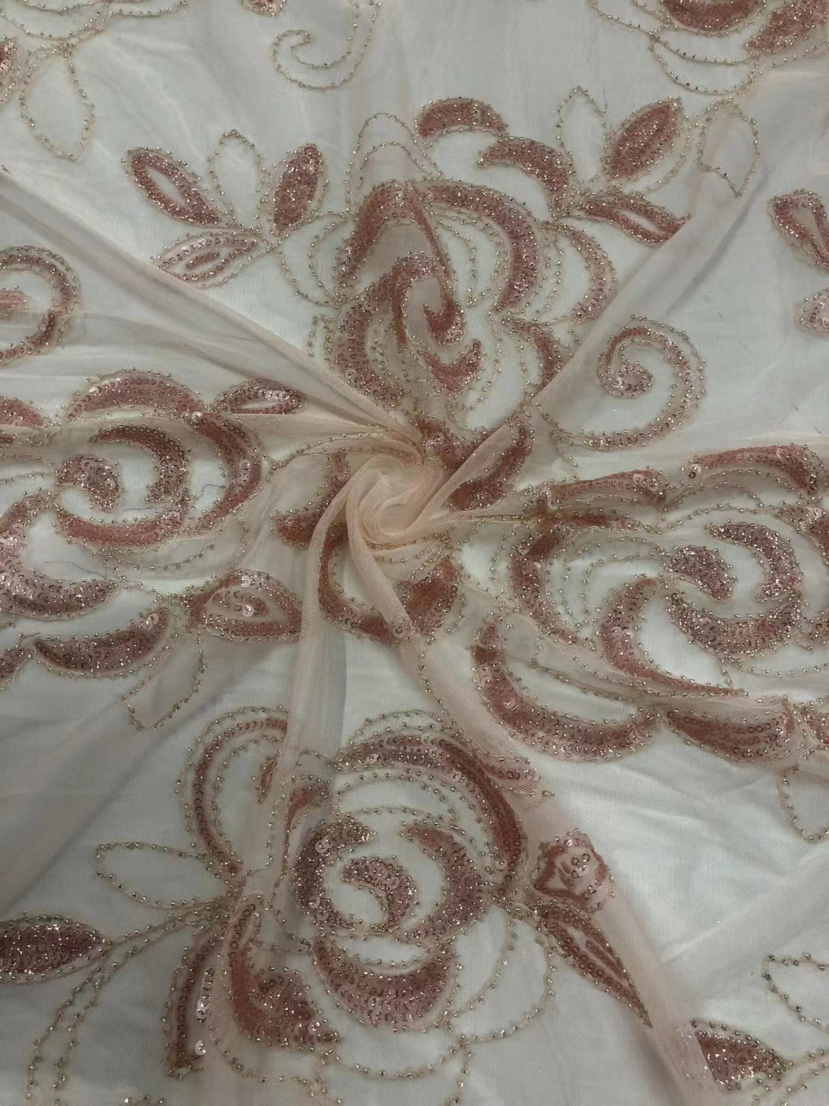 Blush Pink 3D Floral Bead & 3/5 mm Sequin Fabric — fabric photo 6