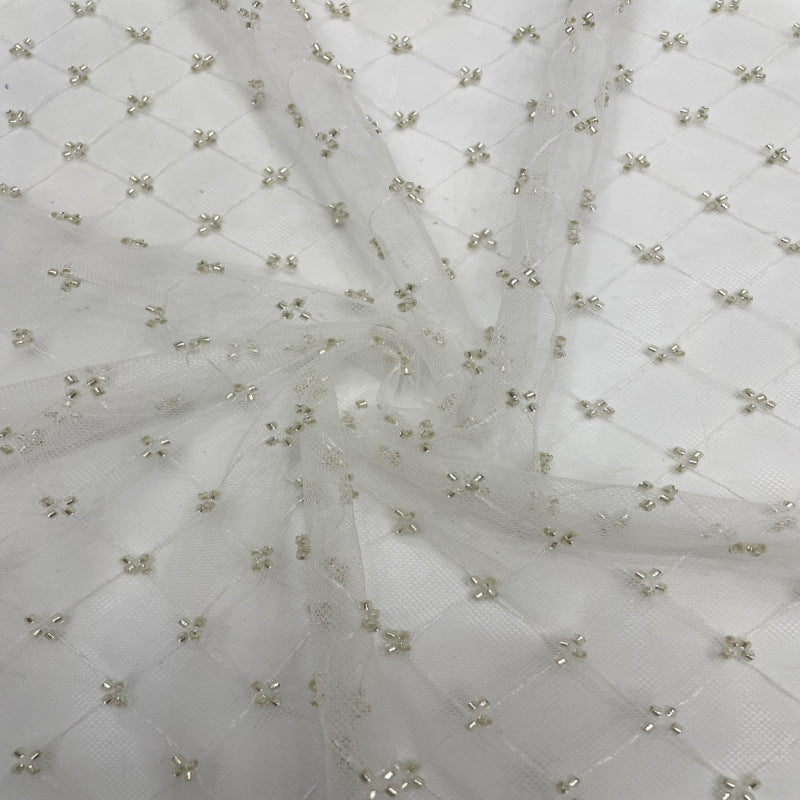 Checkered Bead Embroidered Lace Fabric