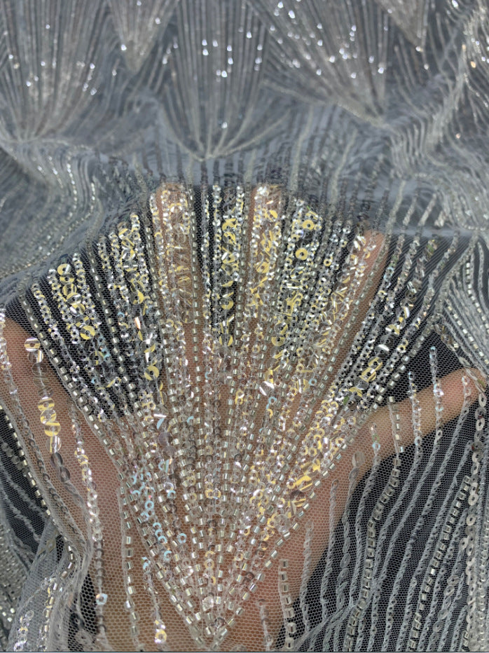 3D 3/5 mm Crystal-Look Sequin & Silver-Bead Embroidered Bridal Fabric – Design 16543 — fabric photo 4