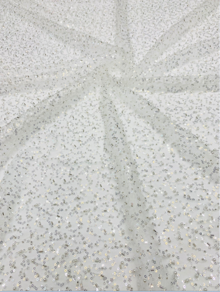 Crystal-Look Sequin & Triple-Bead Embroidered Bridal Fabric — fabric photo 3