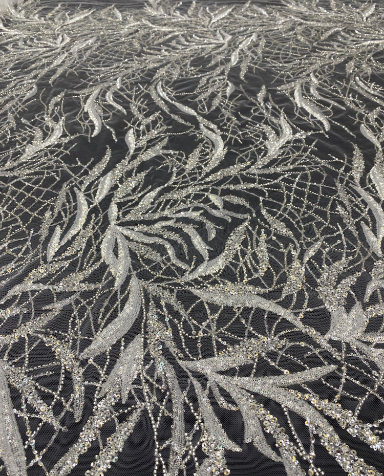 Silver Bead & Ivory 2/4 mm Sequin Embroidered Fabric — fabric photo 2