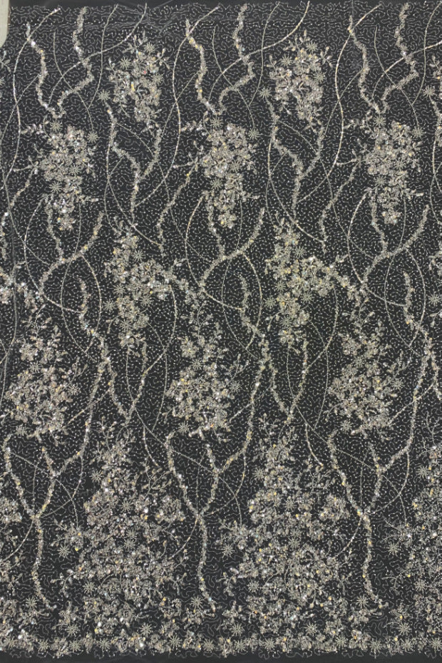 2/3/5 mm Crystal-Look Sequin & Silver-Bead Embroidered Bridal Fabric — fabric photo 4