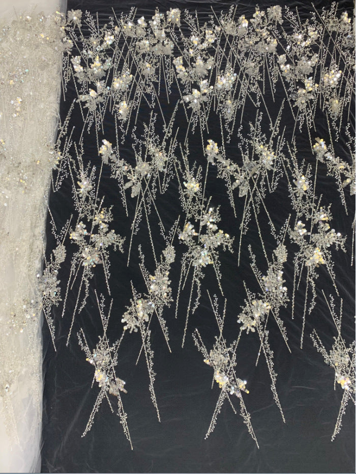 3/7 mm Crystal-Look Sequin & Silver-Bead Embroidered Bridal Fabric – Design 92191 — fabric photo 4