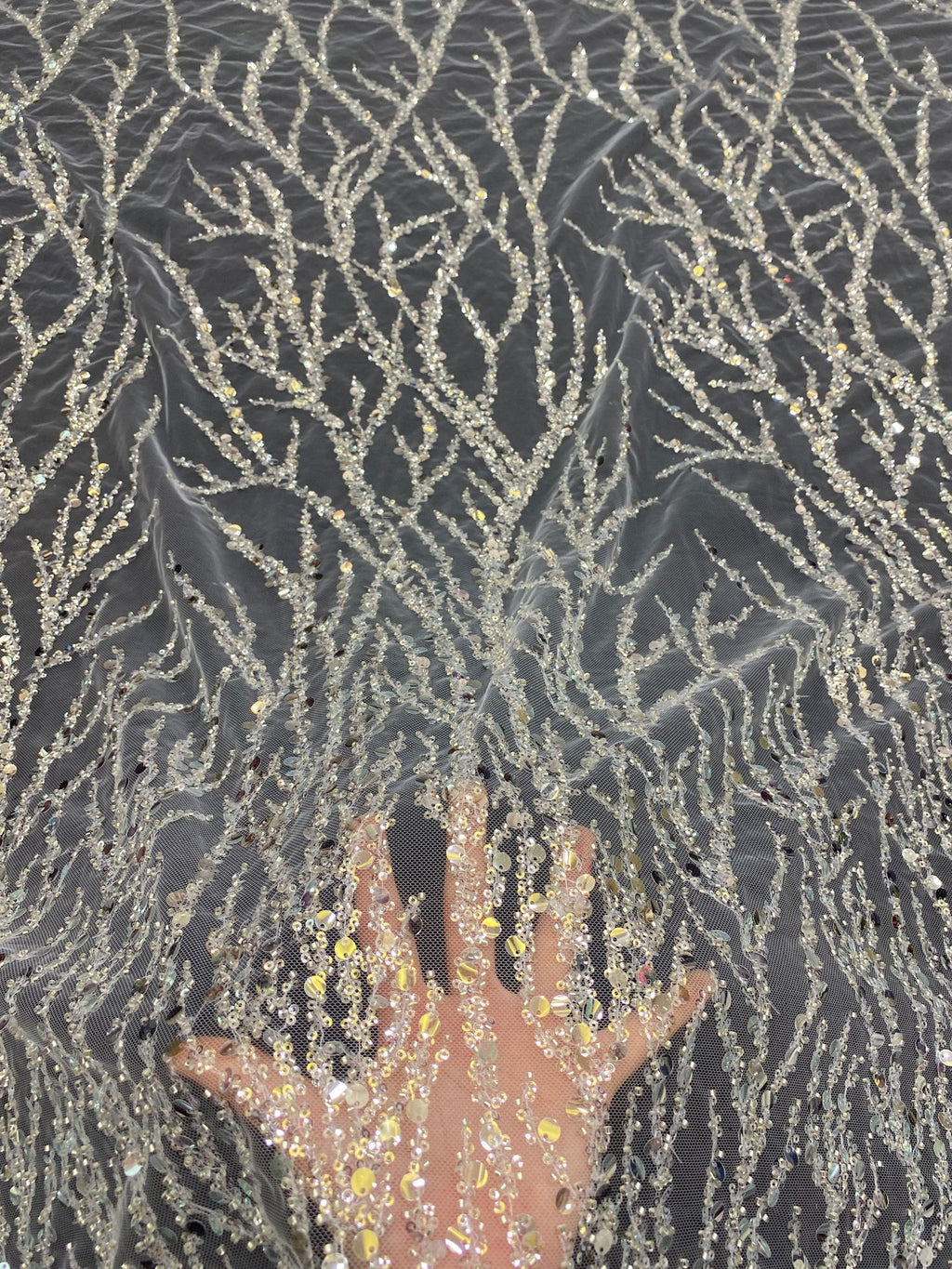 3/7 mm Sequin & Silver-Bead Embroidered Bridal Fabric – Design 46655 — fabric photo 6