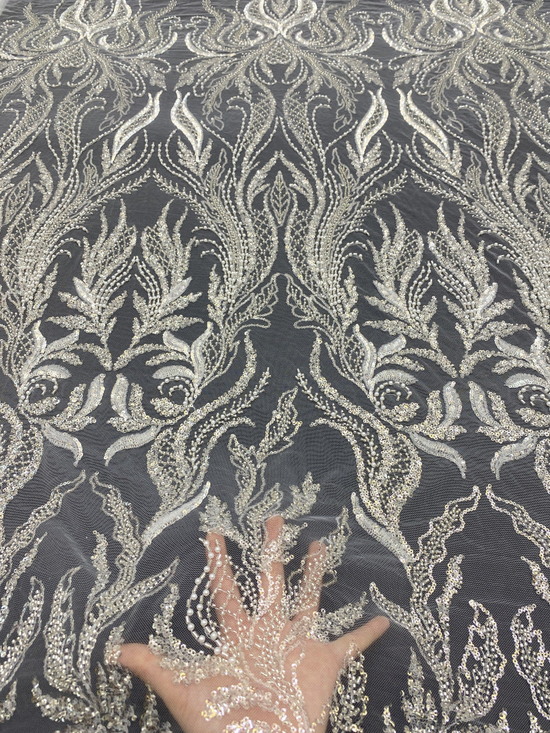 Large Floral Bugle Bead & Crystal Sequin Fabric — fabric photo 2