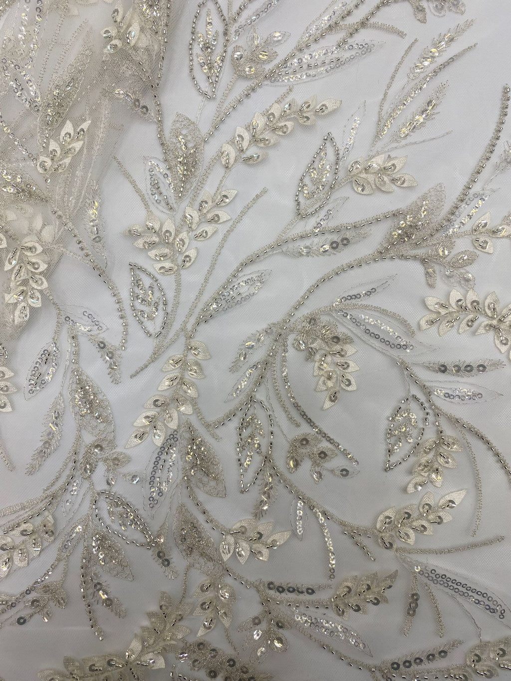 Laser-Cut Floral Silver Bead & Crystal Sequin Fabric — fabric photo 2