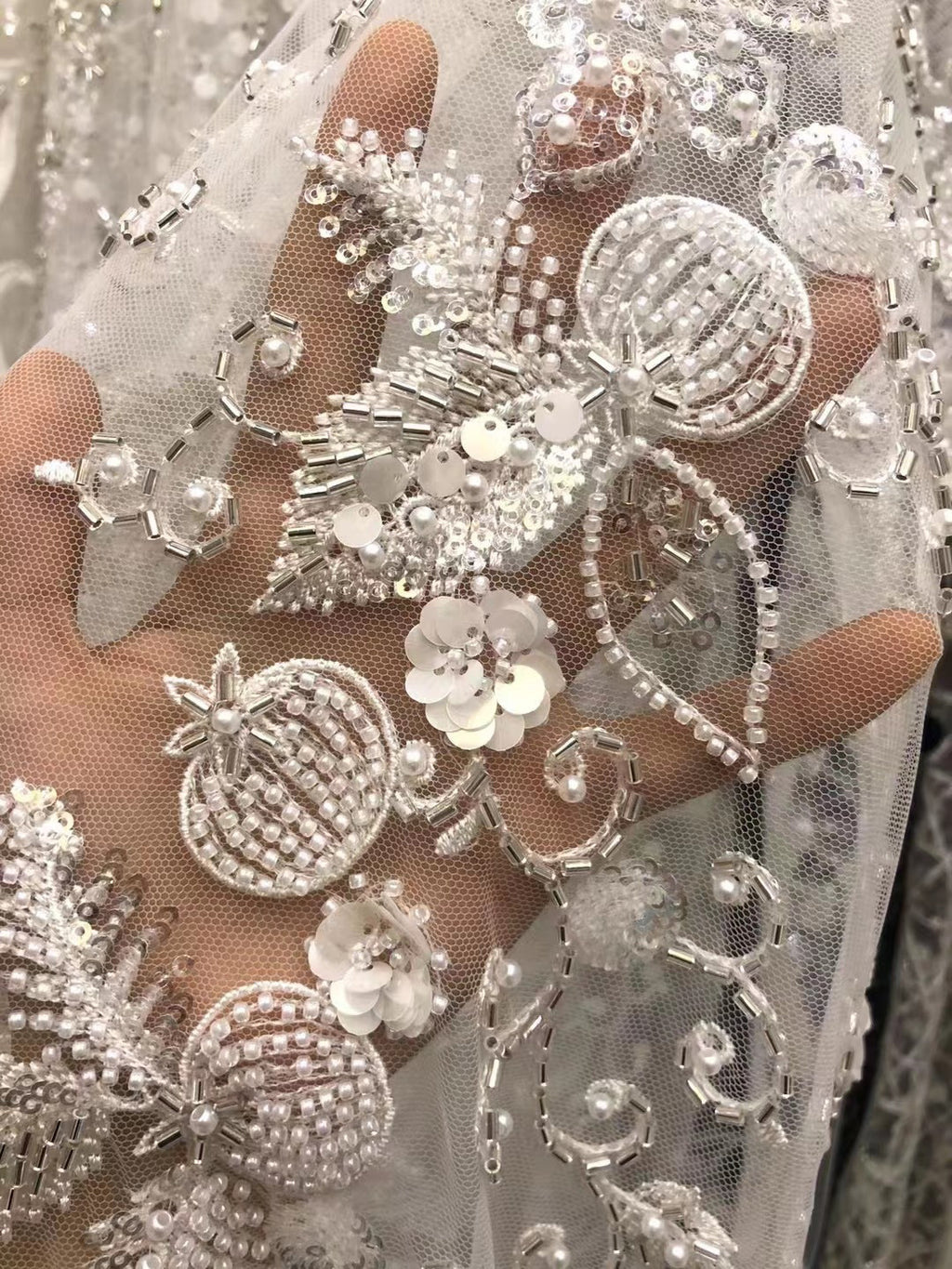 Heavy 3D Sequin & Triple-Bead Embroidered Bridal Fabric — fabric photo 4