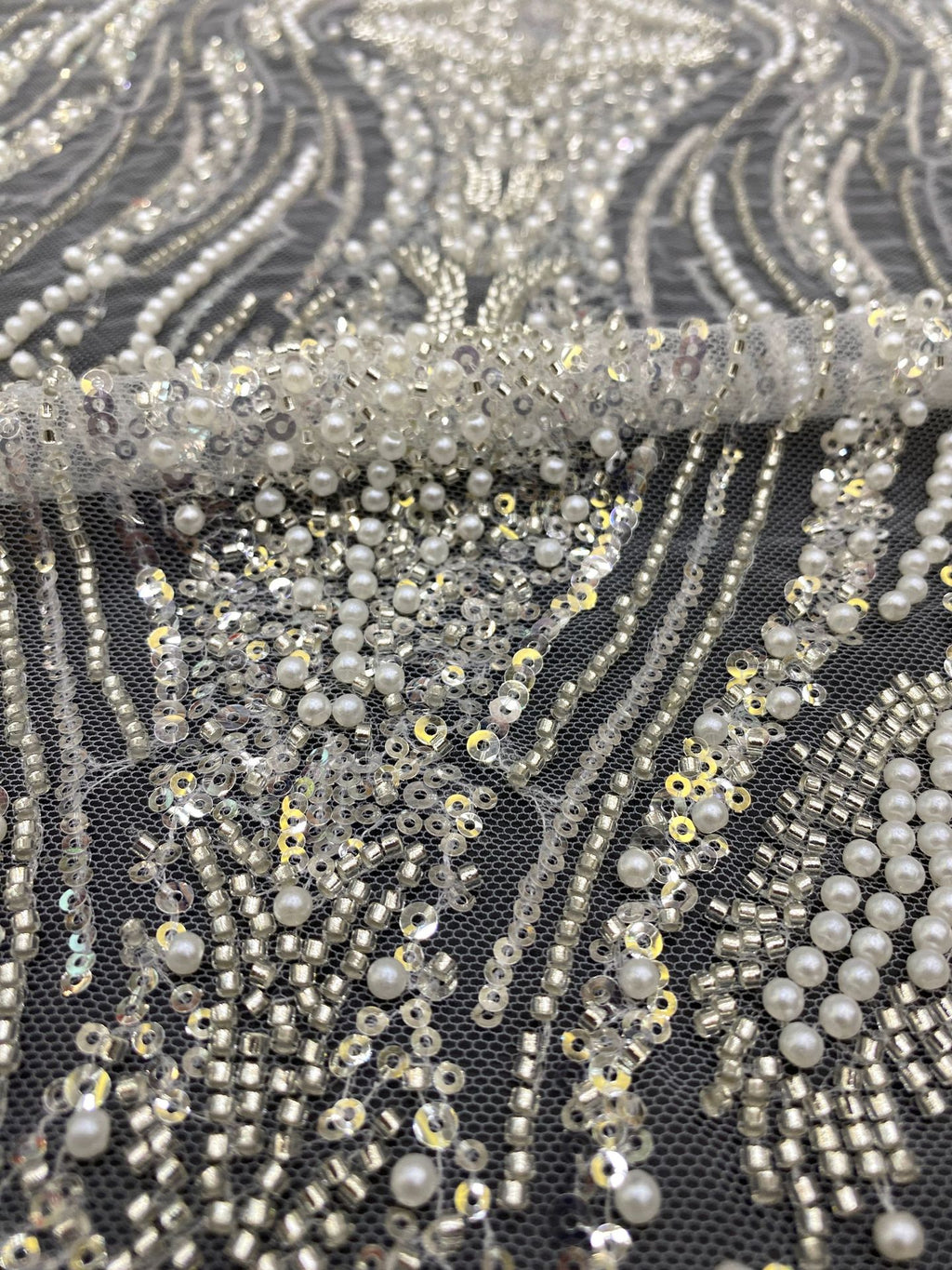 Heavy 3/4 mm Sequin & Bubble-Bead Embroidered Bridal Fabric — fabric photo 5