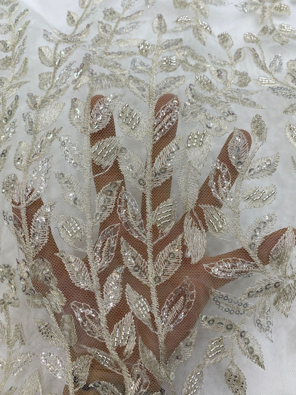 3D Floral Silver-Thread Beaded Sequin Embroidery Fabric — fabric photo 3