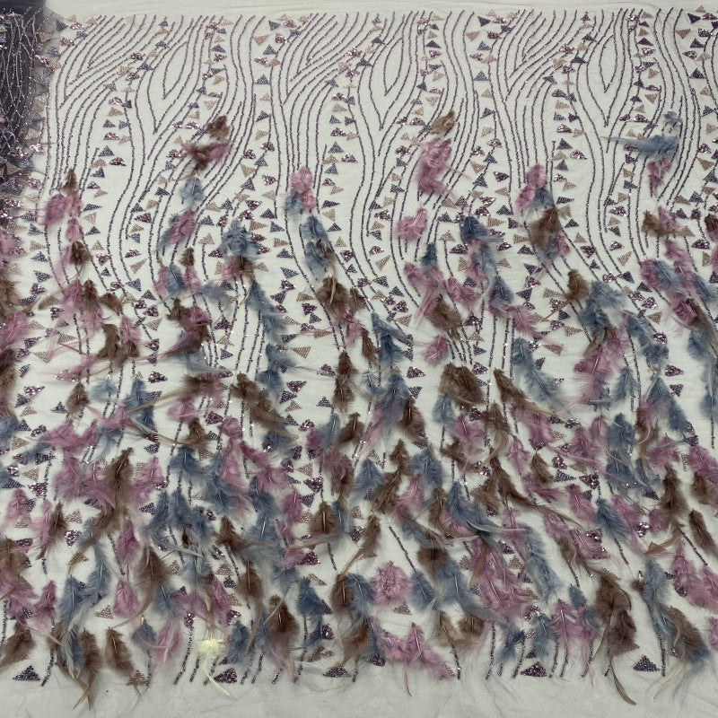 Feather Bead & Sequin Embroidered Bridal Fabric — fabric photo 3
