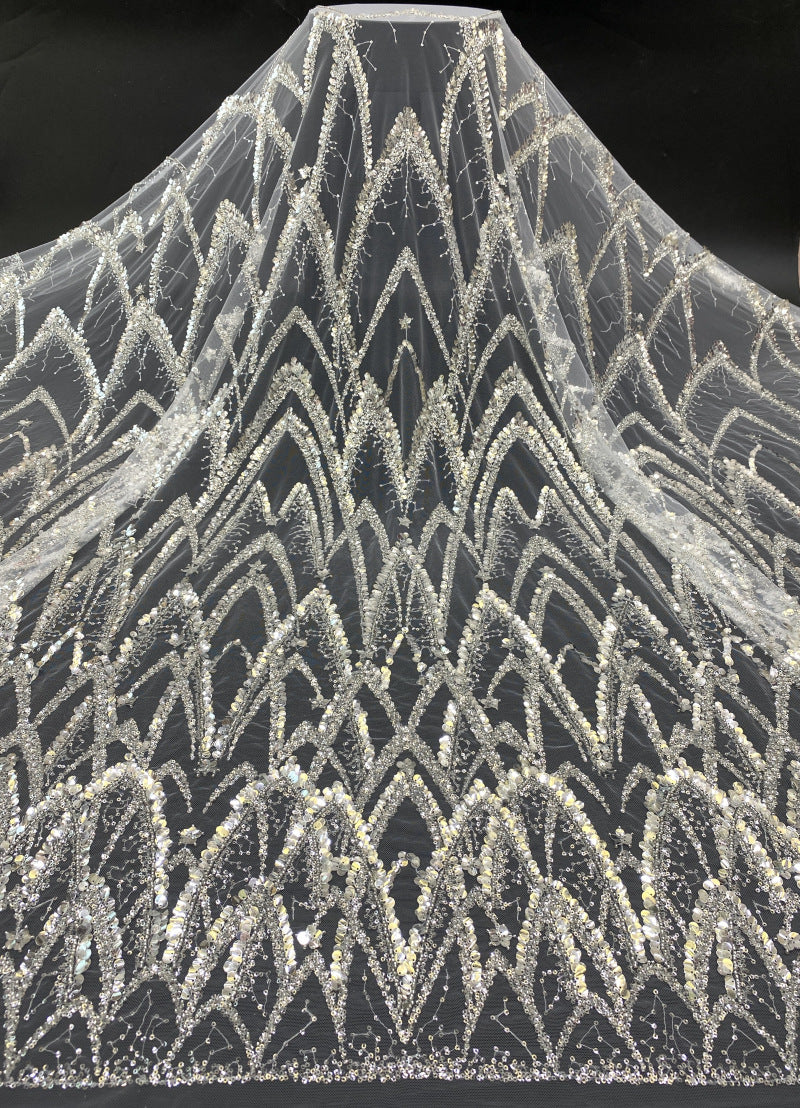 Silver Bead & 3/7mm Crystal Sequin Dress Fabric — fabric photo 6