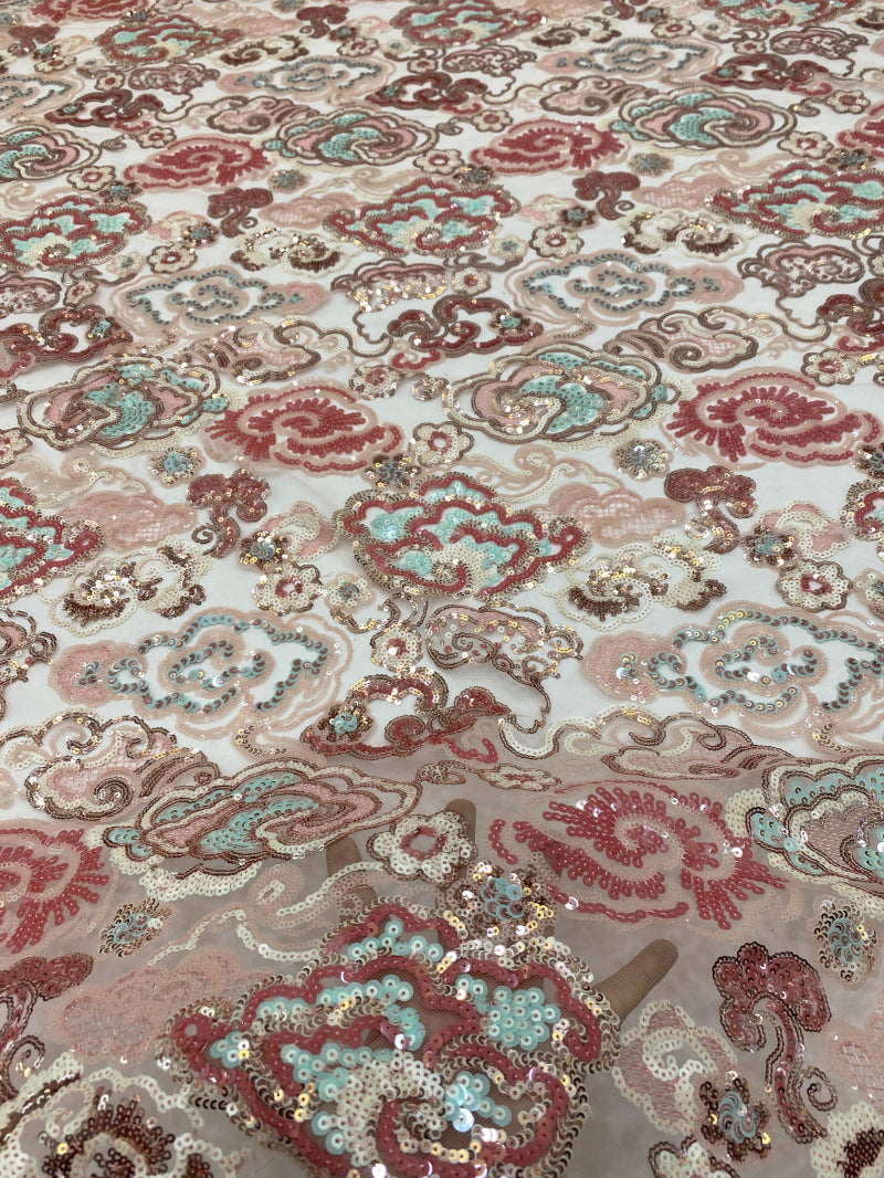 Pink Auspicious Cloud Colorful Sequin Fabric — fabric photo 3
