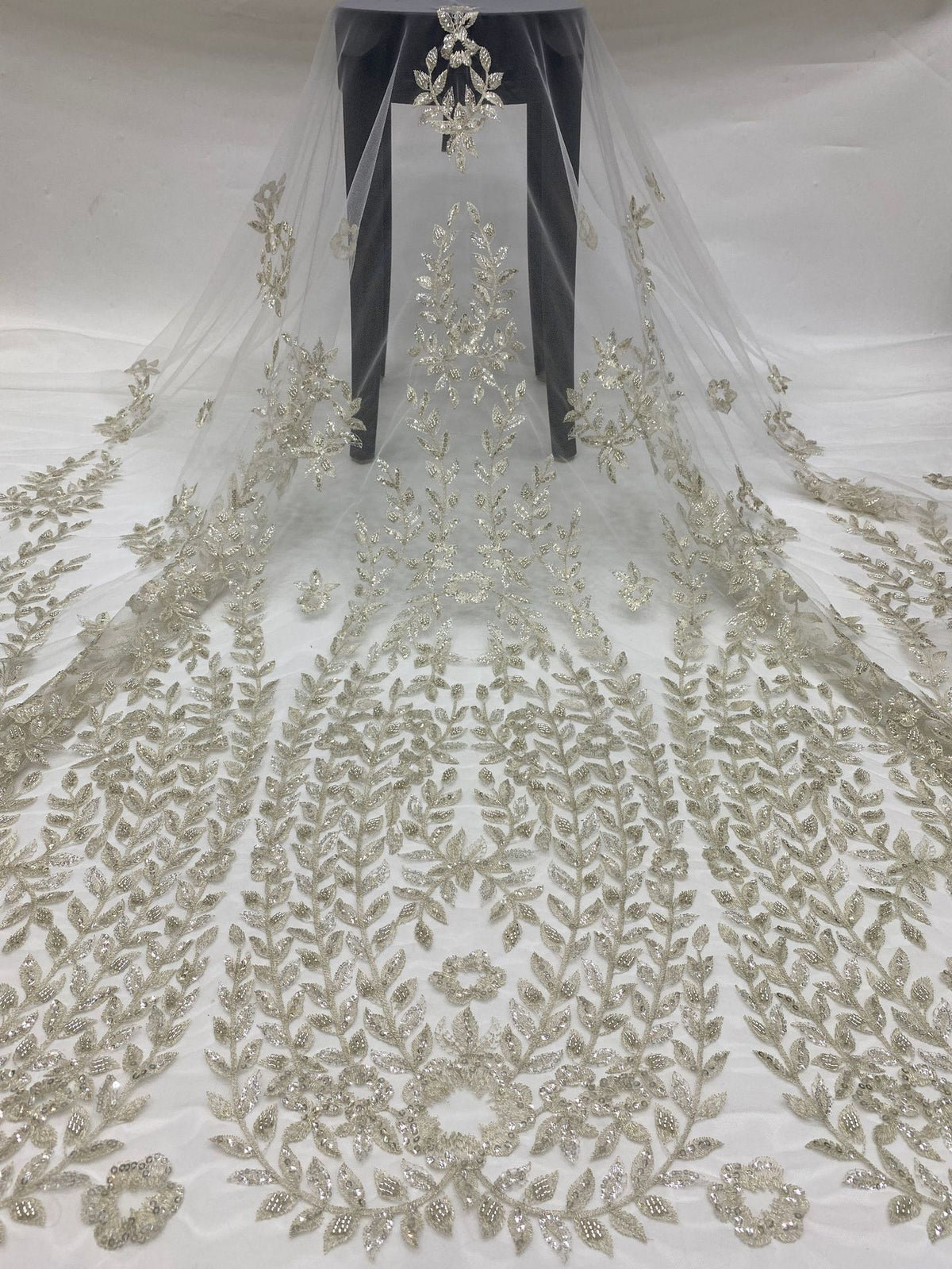 3D Floral Silver-Thread Beaded Sequin Embroidery Fabric