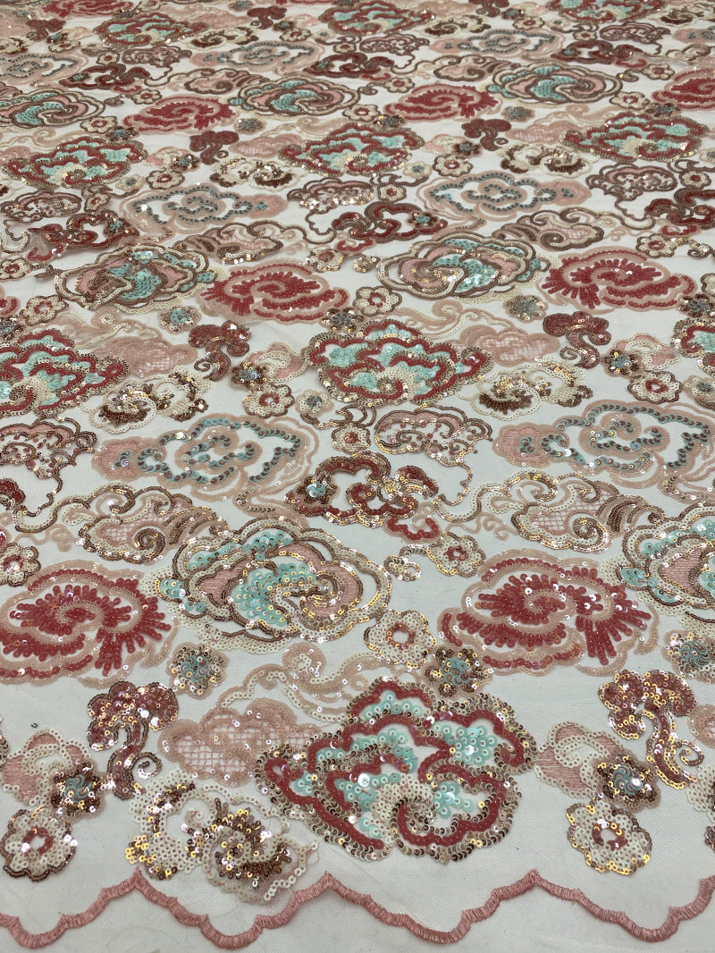 Pink Auspicious Cloud Colorful Sequin Fabric — fabric photo 2