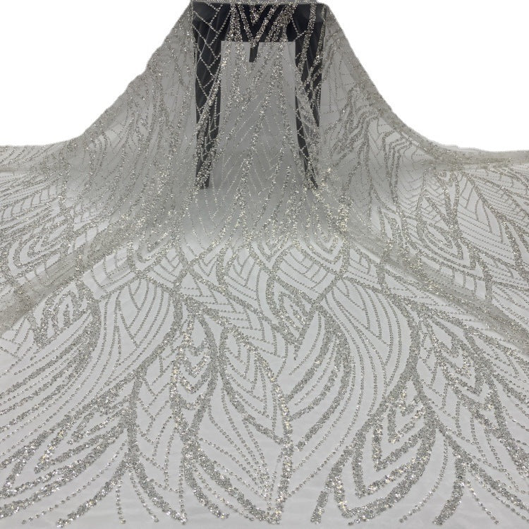 3/4 mm Crystal-Look Sequin & Silver-Bead Embroidered Bridal Fabric – Design 22111