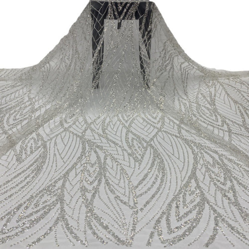 3/4 mm Crystal-Look Sequin & Silver-Bead Embroidered Bridal Fabric – Design 22111