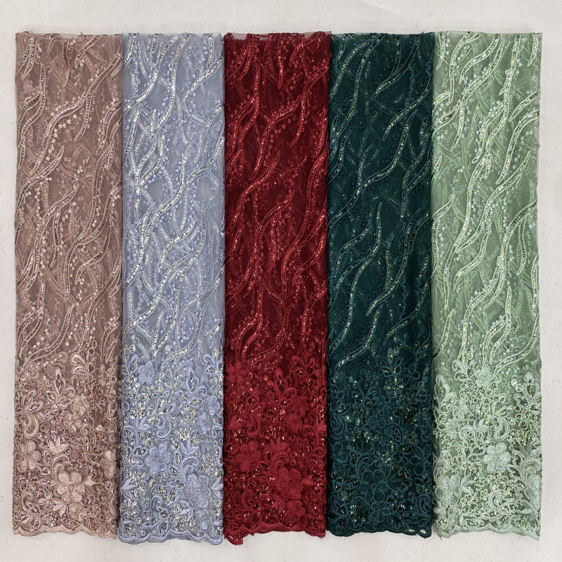 Symmetrical Sequin & Cordwork Embroidered Bridal Fabric — fabric photo 3