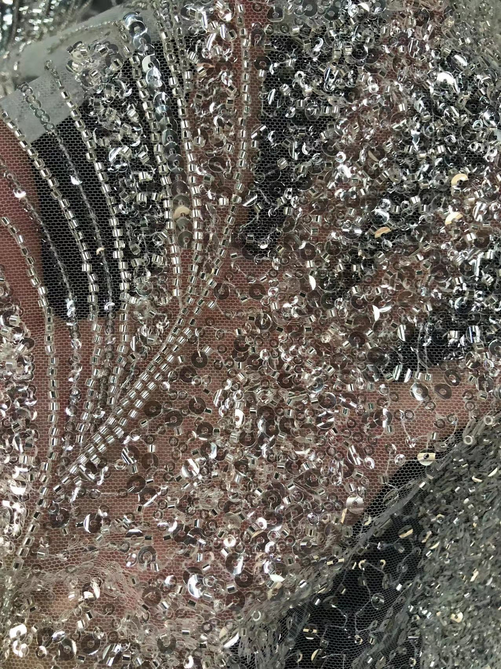 3D 3/5 mm Crystal-Look Sequin & Silver-Bead Embroidered Bridal Fabric – Design 72575 — fabric photo 5