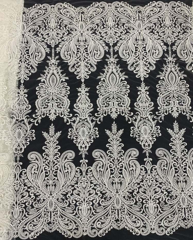 4 mm Sequin & White-Core Bead Embroidered Bridal Fabric