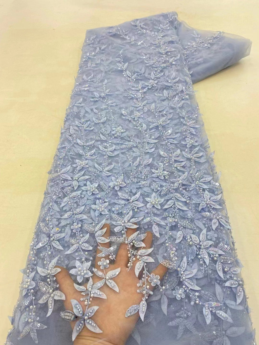 Floral Laser-Cut Bead & Sequin Bridal Fabric — fabric photo 4