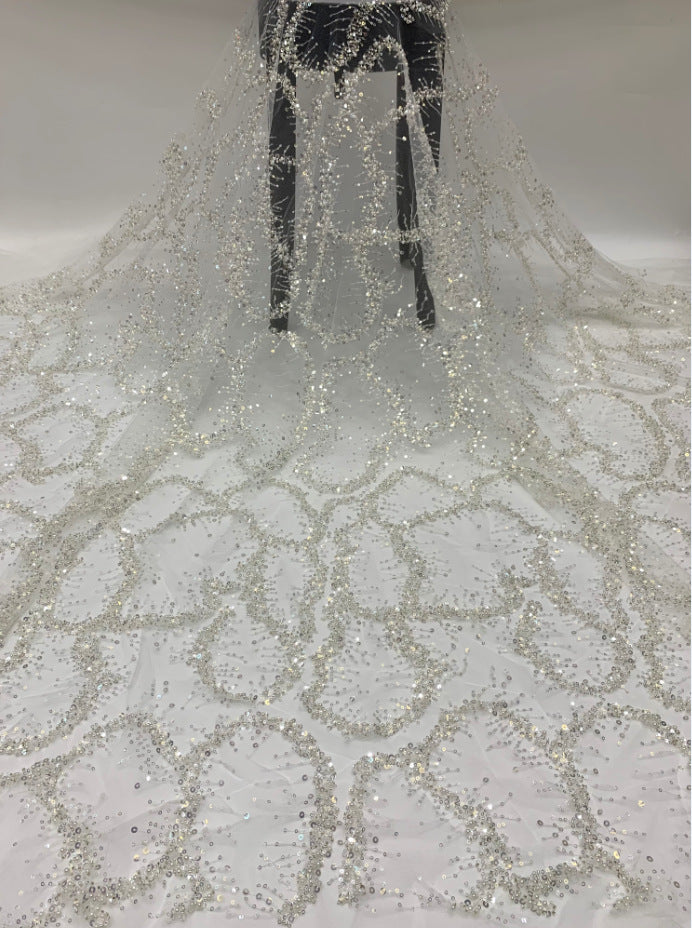 Geometric 3/5 mm Crystal-Look Sequin & Silver-Bead Embroidered Bridal Fabric