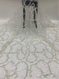 Geometric 3/5 mm Crystal-Look Sequin & Silver-Bead Embroidered Bridal Fabric