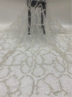 Geometric 3/5 mm Crystal-Look Sequin & Silver-Bead Embroidered Bridal Fabric