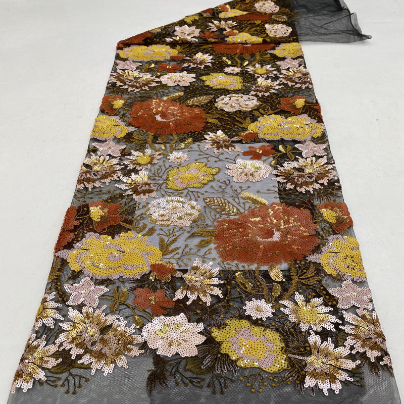 Large Floral Sequin Fabric in Apricot & Black Base — fabric photo 4