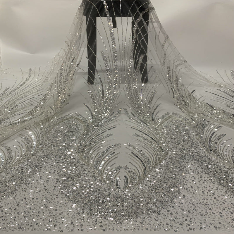 3D 3/5 mm Crystal-Look Sequin & Silver-Bead Embroidered Bridal Fabric – Design 72575
