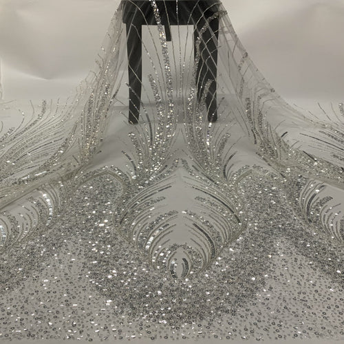 3D 3/5 mm Crystal-Look Sequin & Silver-Bead Embroidered Bridal Fabric – Design 72575