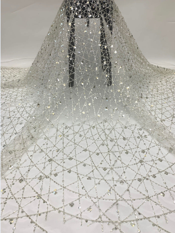 3/7 mm Crystal-Look Sequin & Bugle-Bead Embroidered Bridal Fabric