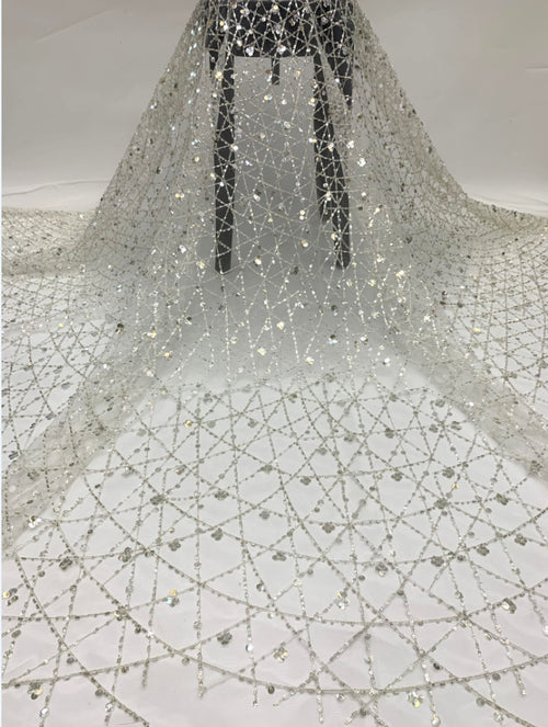 3/7 mm Crystal-Look Sequin & Bugle-Bead Embroidered Bridal Fabric