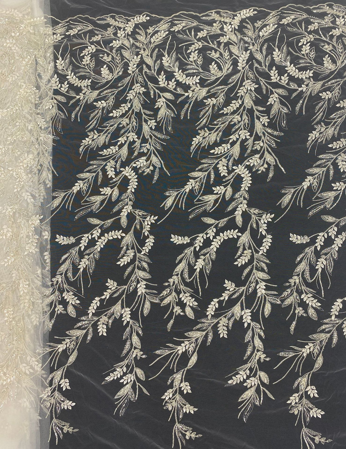 Laser-Cut Floral Silver Bead & Crystal Sequin Fabric — fabric photo 6