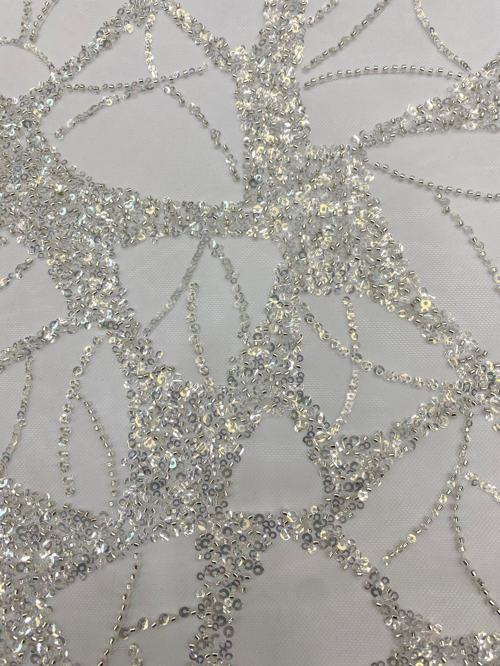 3/4 mm Crystal-Look Sequin & Silver-Bead Embroidered Bridal Fabric – Design 64831 — fabric photo 3